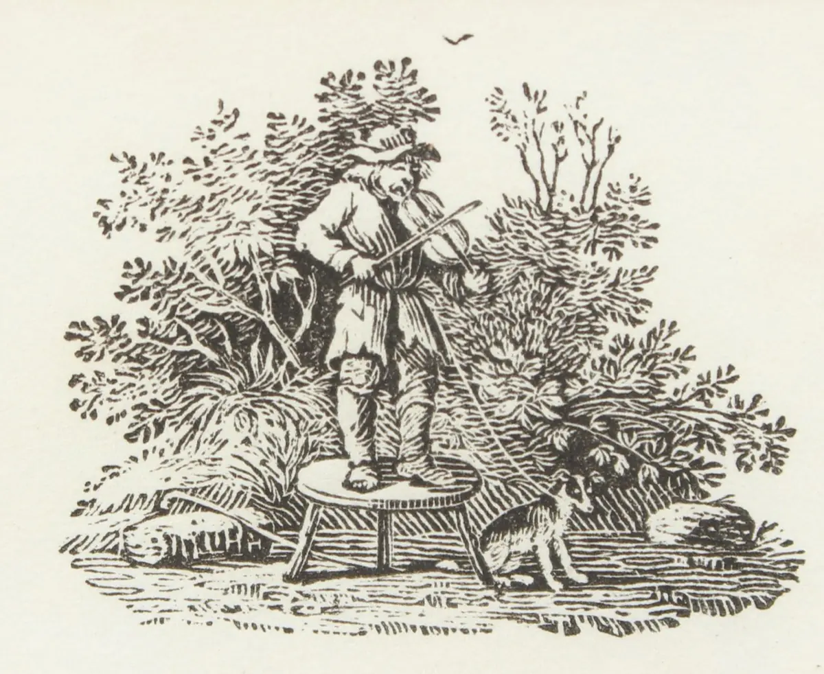 Wood engraving by Thomas Bewick of a fiddler playing on a stool in front of bushes, with a dog at his feet
