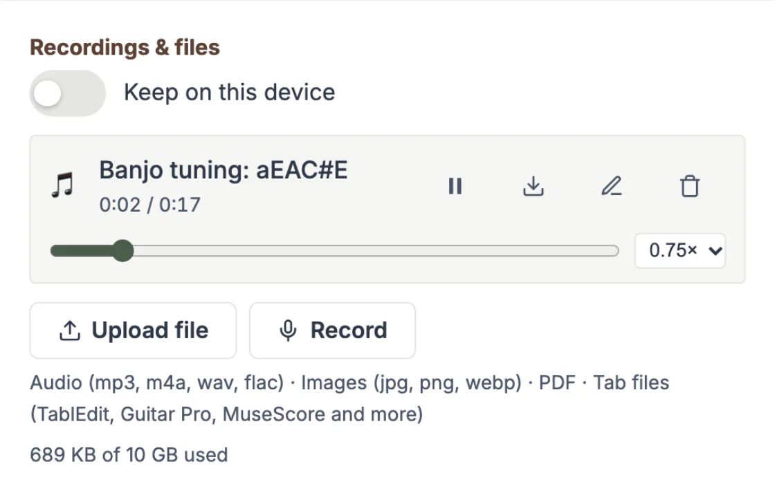 A recording on a tune page, Banjo tuning: aEAC#E, playing at 0.75x speed, two seconds in, with Upload file and Record buttons beneath