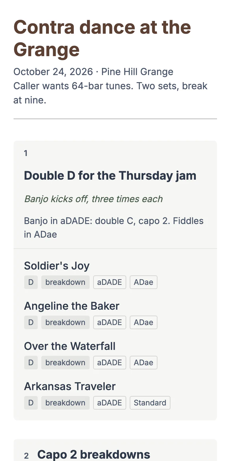 A setlist on a phone: Contra dance at the Grange, opening with Double D for the Thursday jam