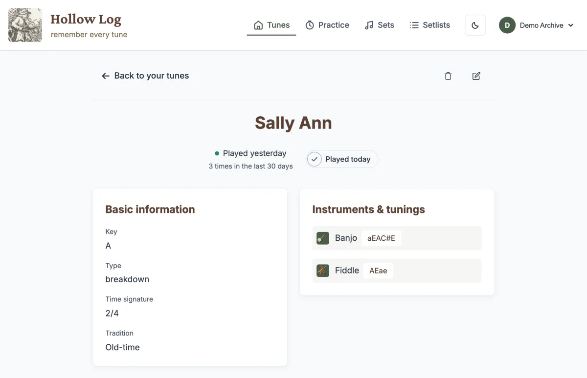 The page for Sally Ann: key A, a breakdown in 2/4, banjo in aEAC#E and fiddle in AEae, played yesterday